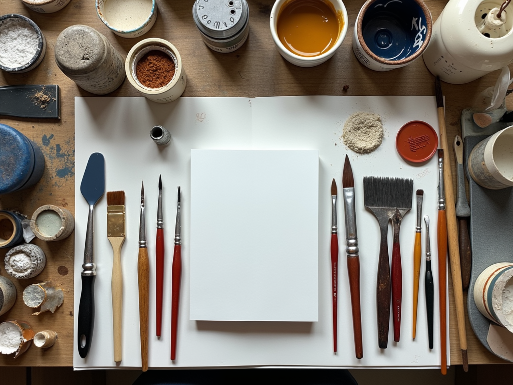 Artist’s workspace with diverse painting tools and DIY hacks