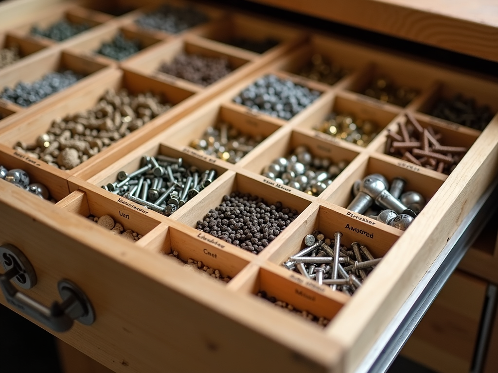 Workshop drawer with labeled dividers for small parts