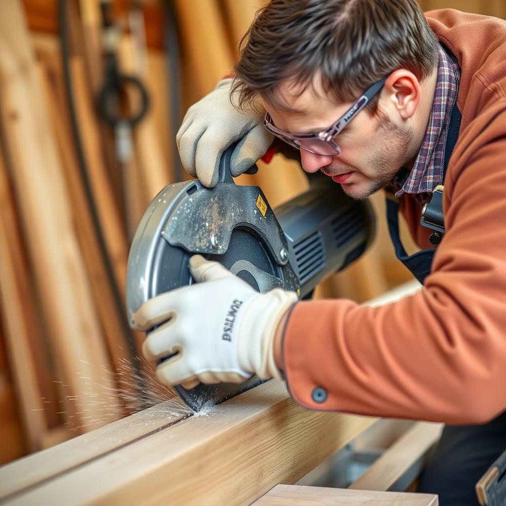 A worker in full safety gear, including goggles and gloves, operating a power tool.