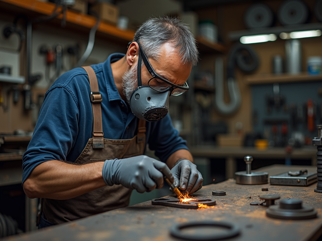 A metalworker in safety gear working on a metal piece