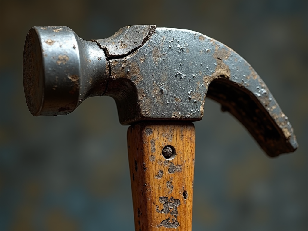 Damaged hammer with loose head and cracked handle.