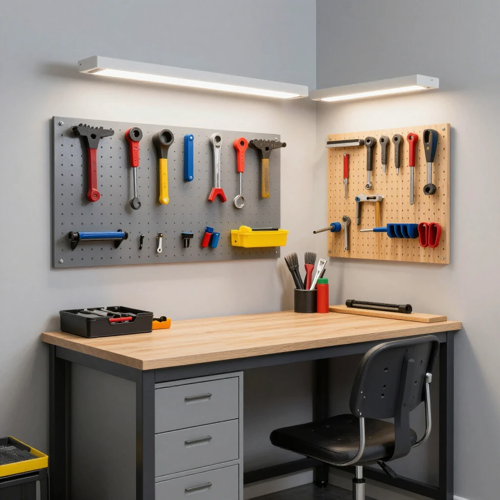 Efficiently organized small workshop with workshop equipment