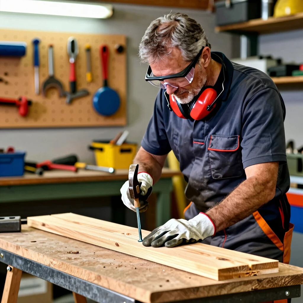 Handyman demonstrating safe hammer use with proper protective equipment.