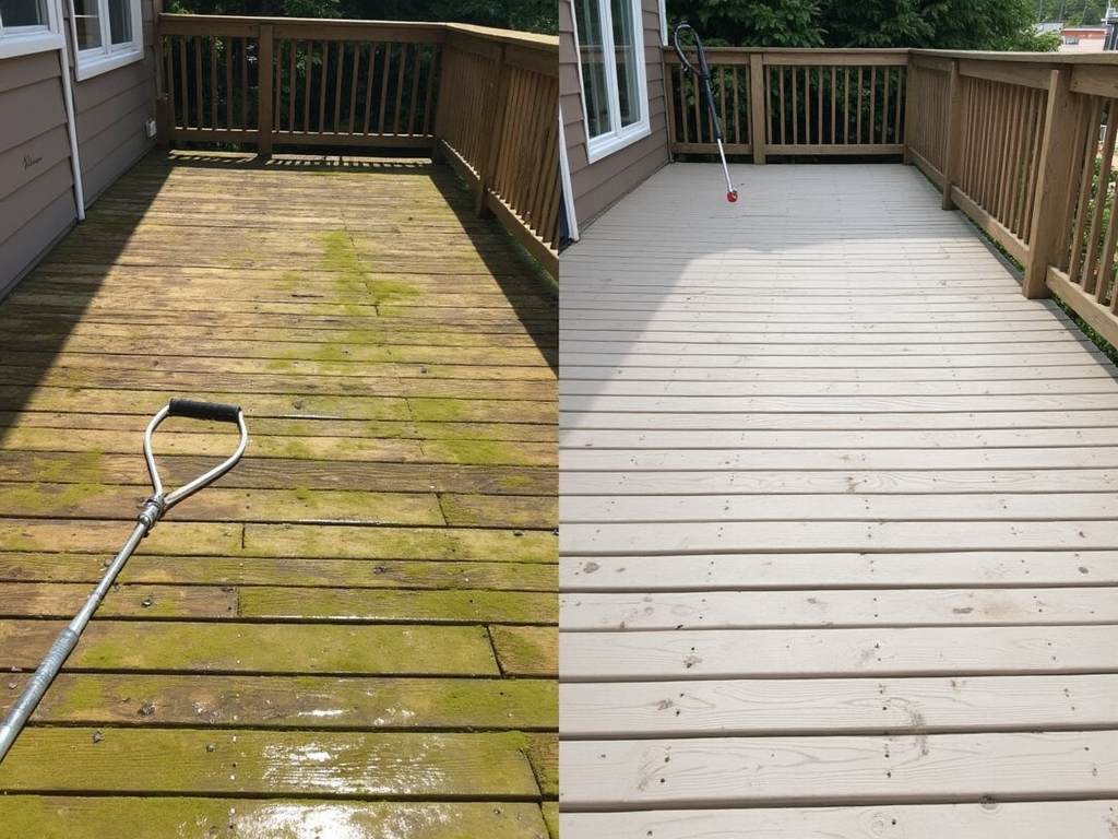 Before and after of a deck cleaned with a power washer