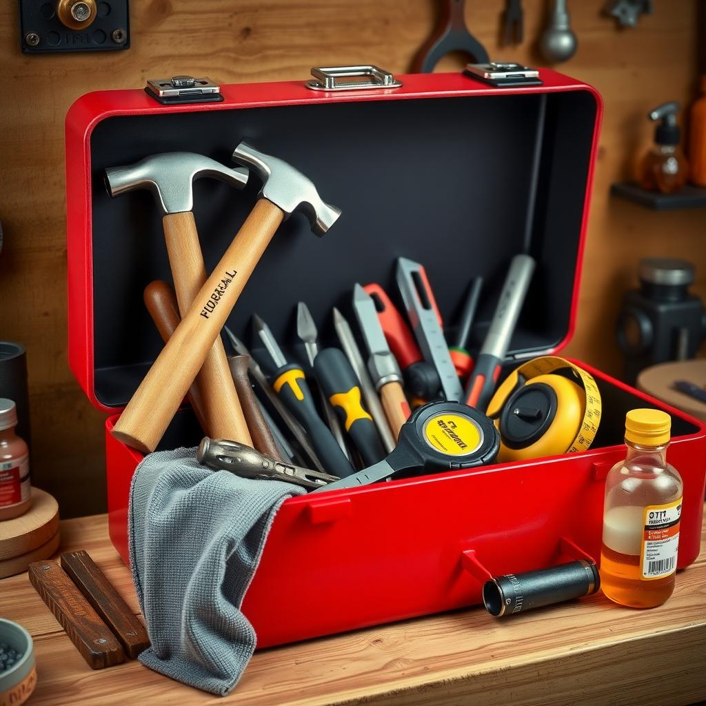 Toolbox with a hammer, screwdrivers, tape measure, cleaning rag, and machine oil on a workbench with a pegboard in the background.