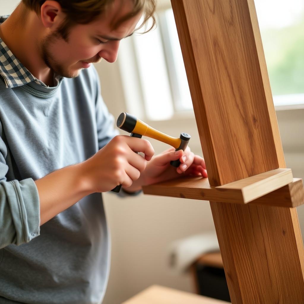 Hammering nails into a wooden board for a DIY project.
