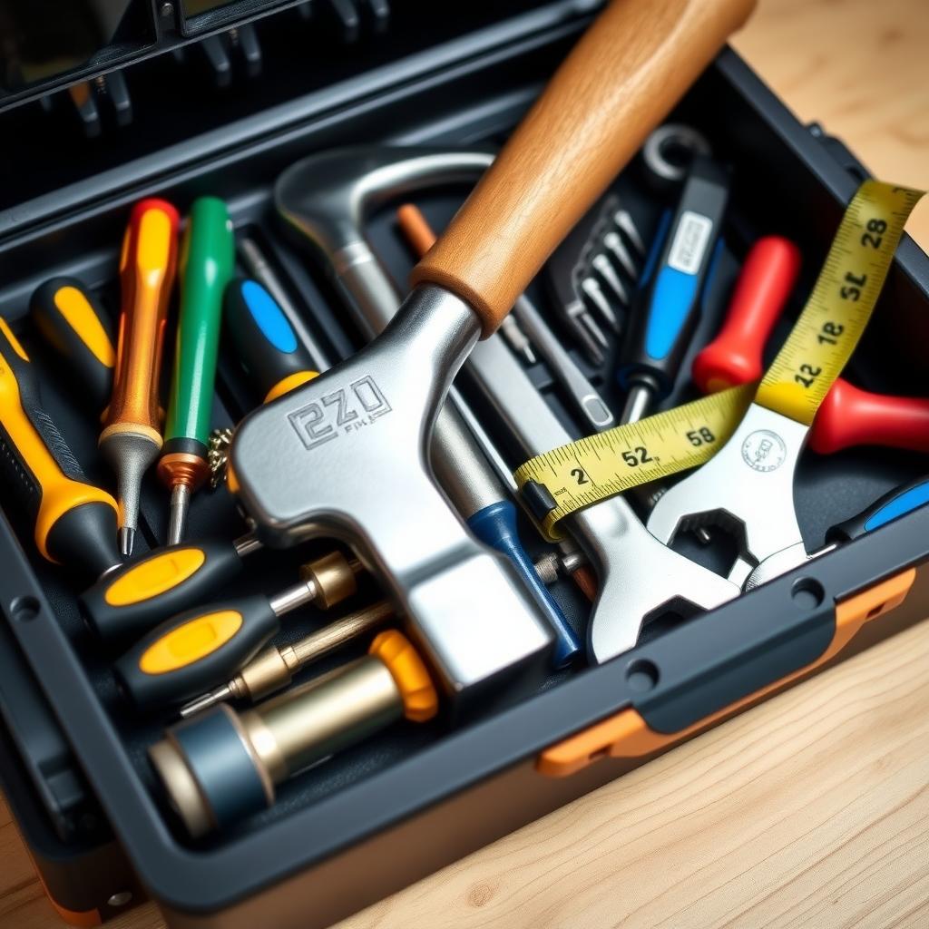 A well-organized toolbox with beginner tools like a hammer, screwdrivers, wrench, and tape measure on a wooden workbench.