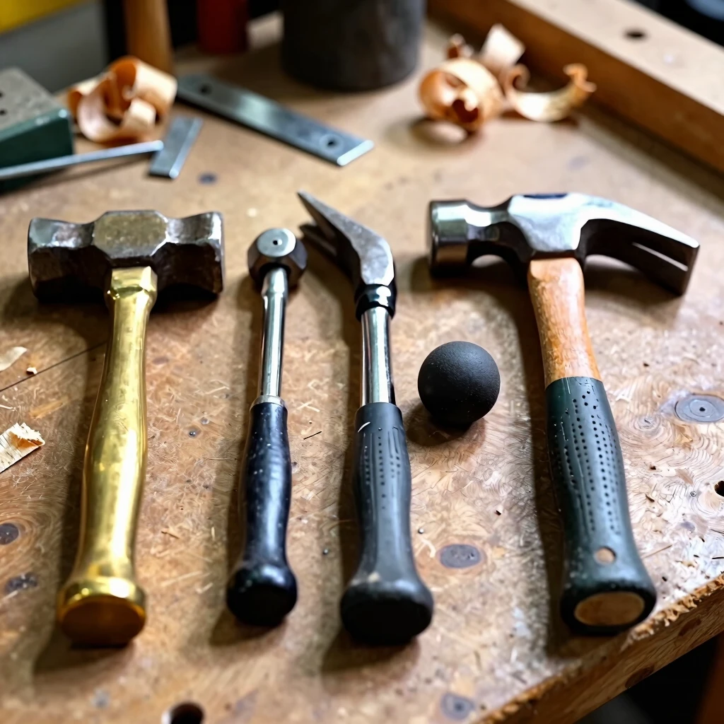 Assortment of specialty hammers displayed on a crafts workbench