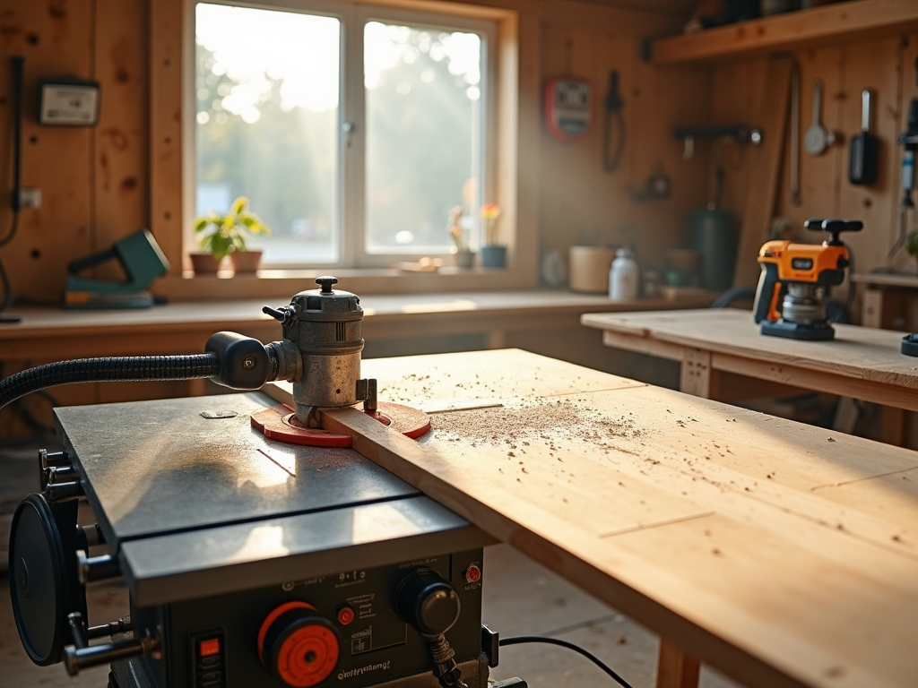 Workshop with table saw, router, and power drill in use