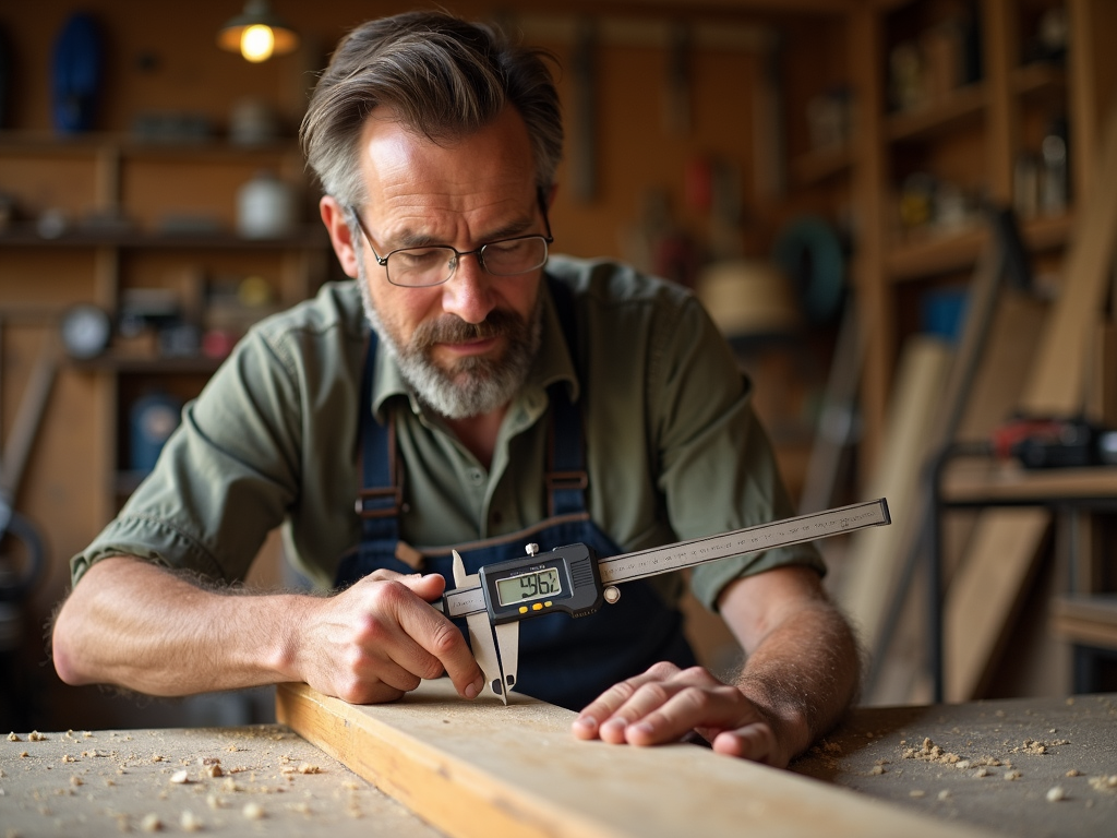 Craftsman measuring wood with a digital caliper