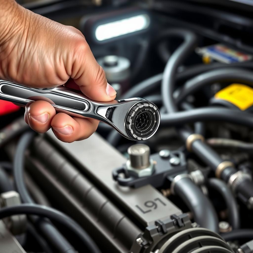 Mechanic using a flex-head ratcheting wrench on a car engine under bright lighting.