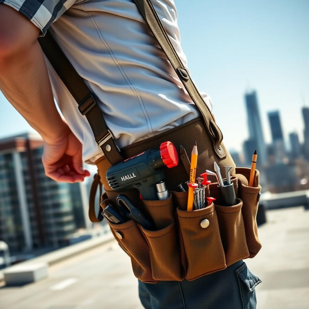 Workman adjusting a tool belt on a rooftop with city skyline
