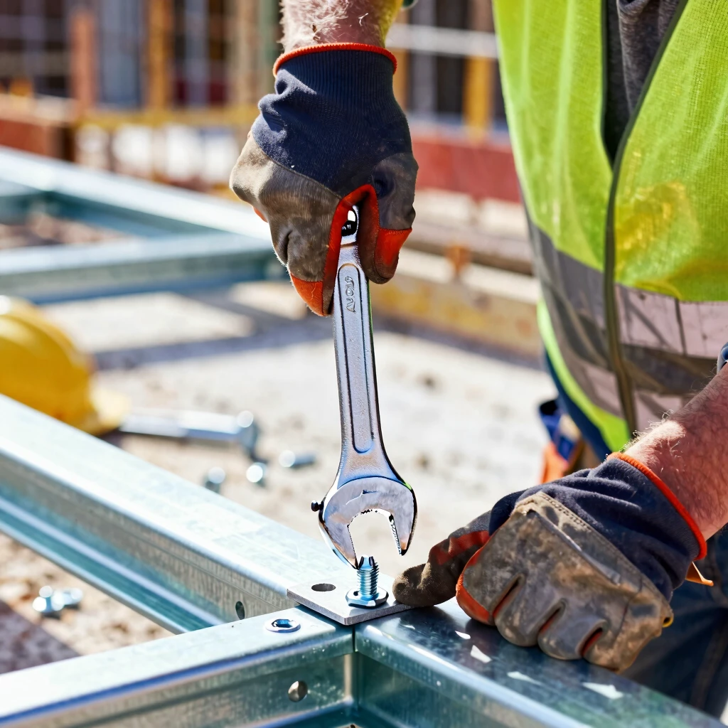 Contractor using a high-quality wrench on a construction site