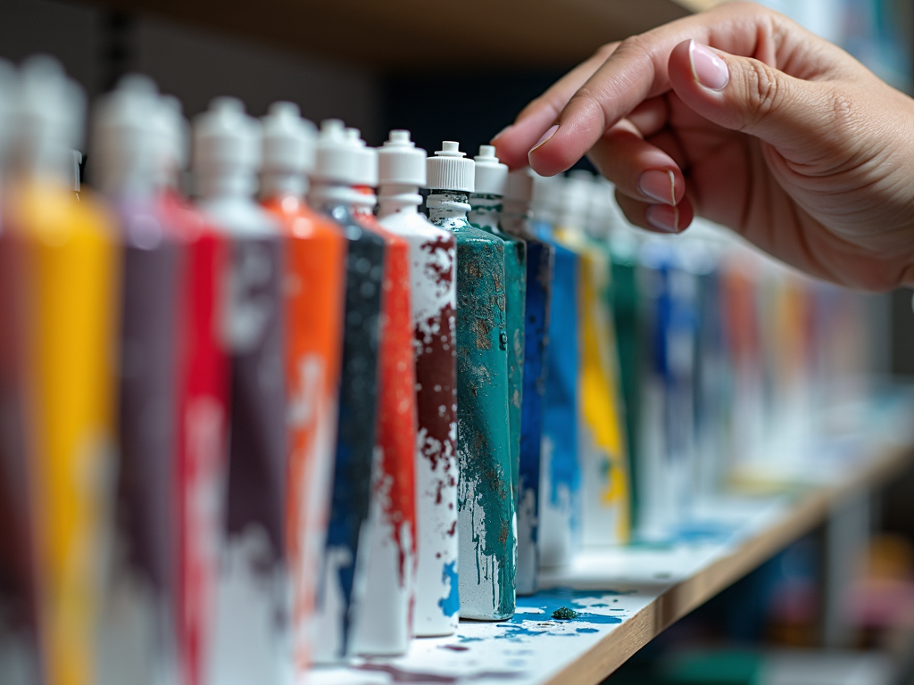 Row of paint tubes on shelf