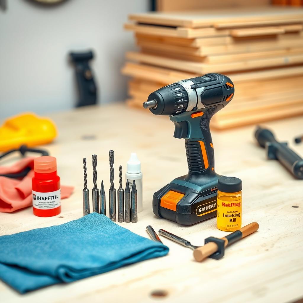 Workbench with a cordless drill, maintenance kit, and sanded wooden boards in a tidy workshop.