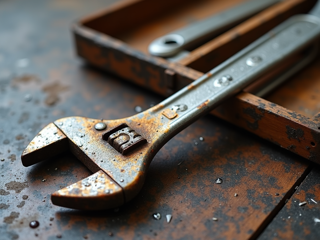 A rusty wrench from damp storage.
