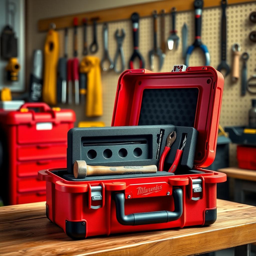 Red portable toolbox open on a workbench, showing organized tools in a garage setting.