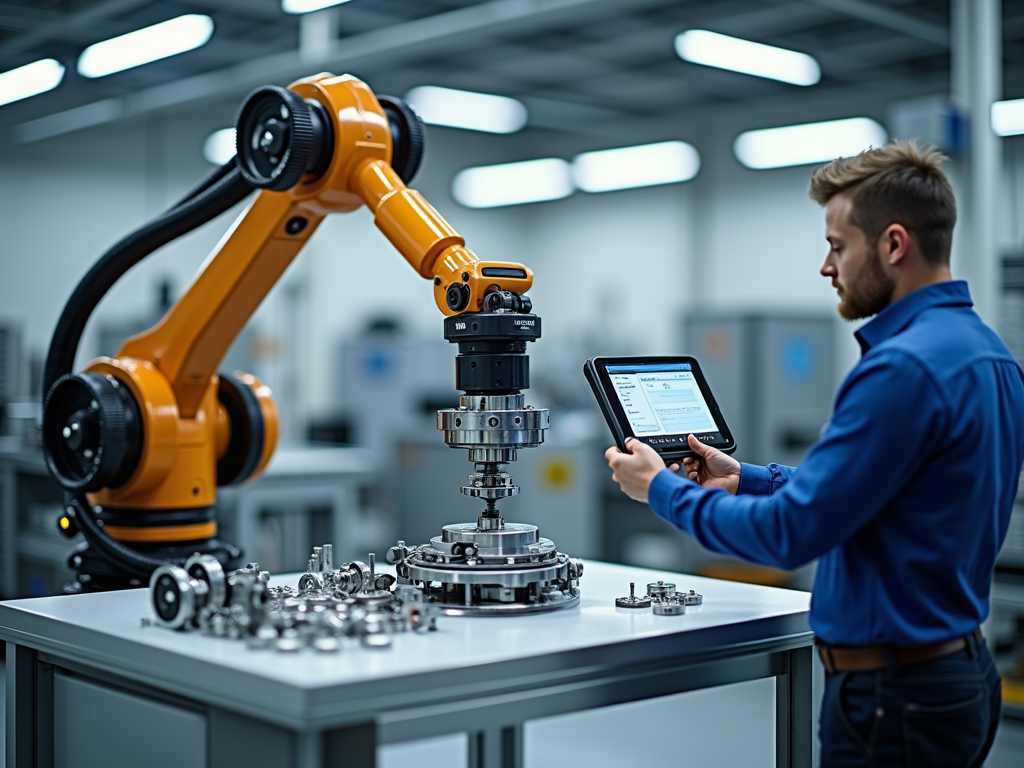 Futuristic workshop with robotic and smart tools
