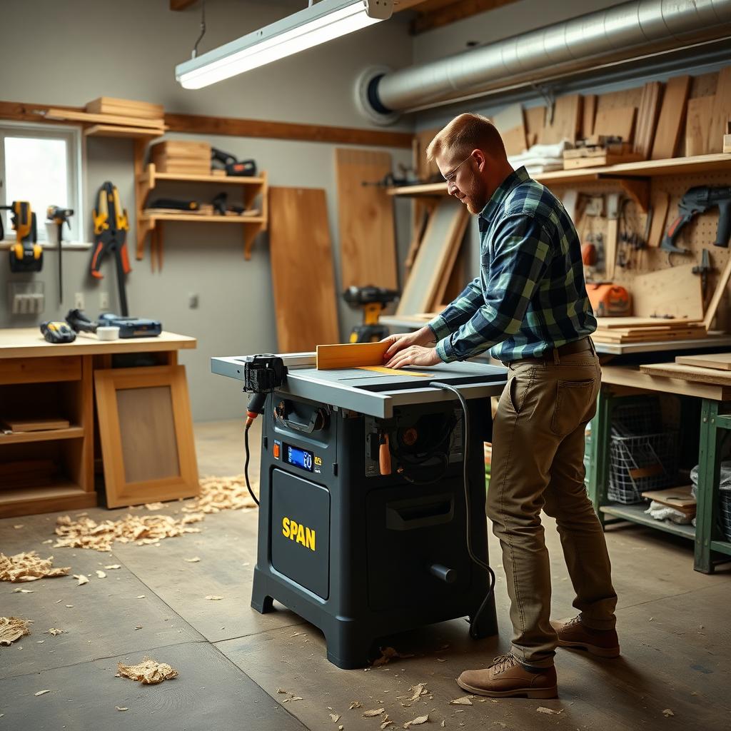 Carpenter using a smart table saw with digital interface in a modern workshop.