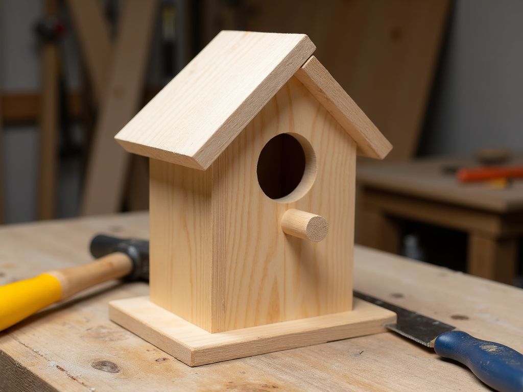 A finished birdhouse project by a beginner woodworker.