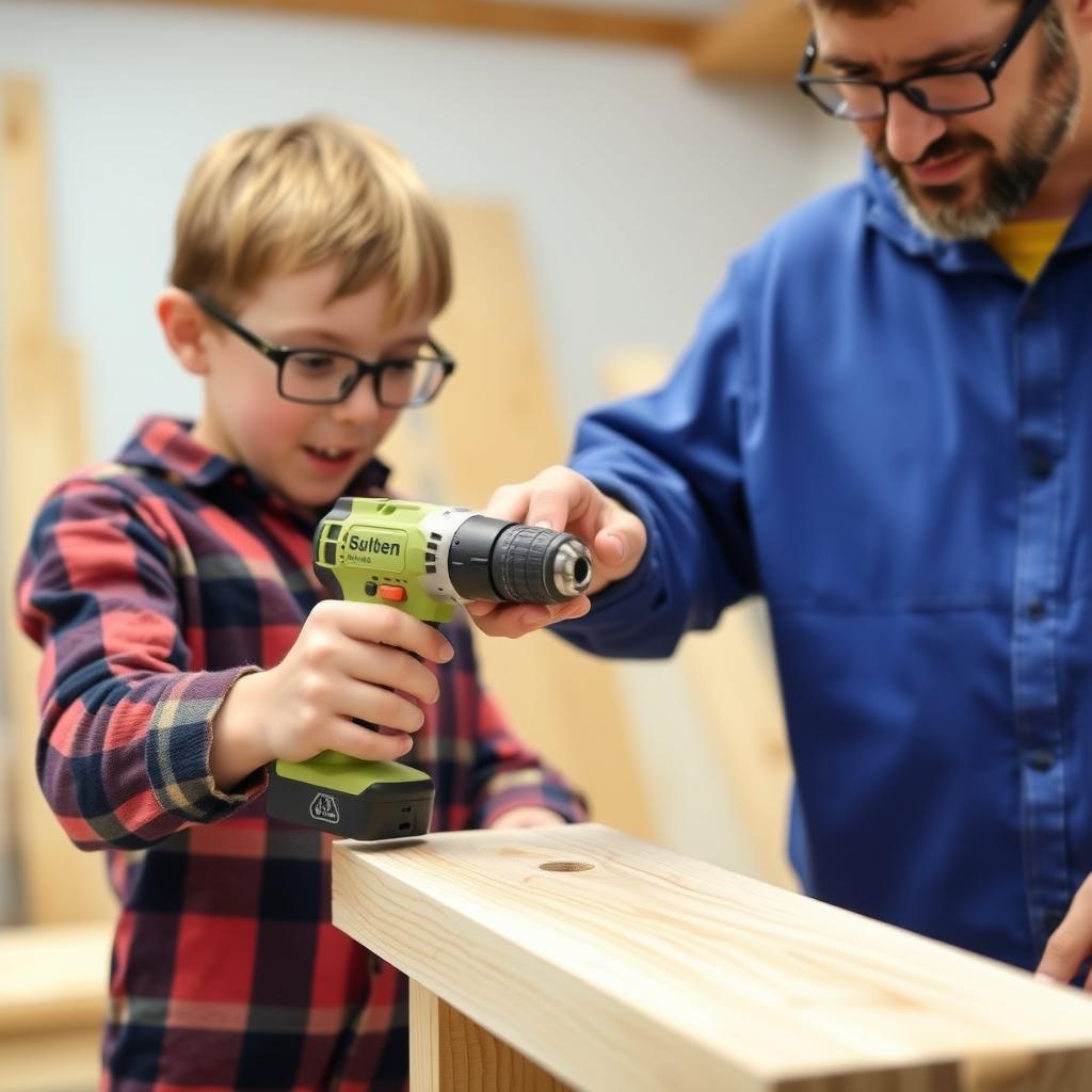 A beginner learning to use a power drill with guidance from an experienced user.