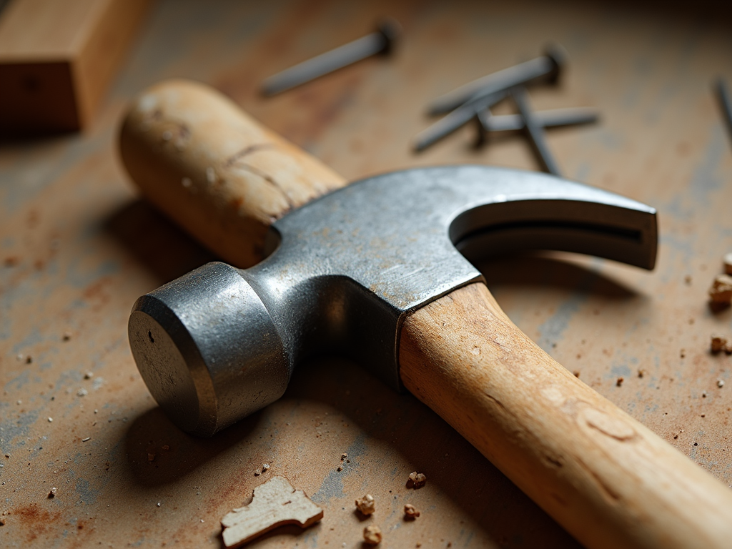 A 16-ounce claw hammer, a must-have for driving nails and prying.