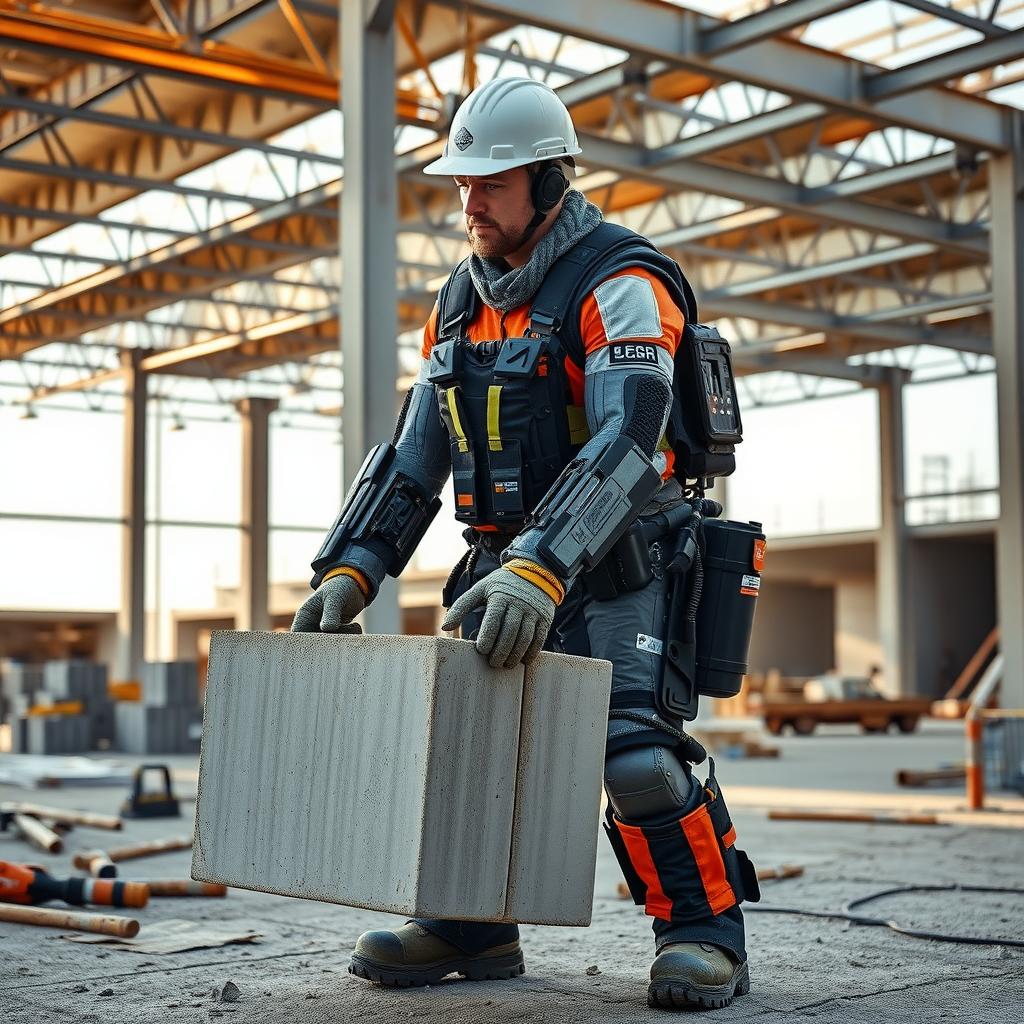 Construction worker in an exoskeleton suit lifting concrete blocks on a site.