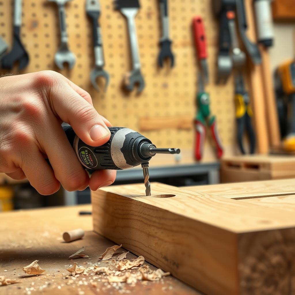 Hands drilling a pilot hole in oak wood with a cordless power drill in a workshop.
