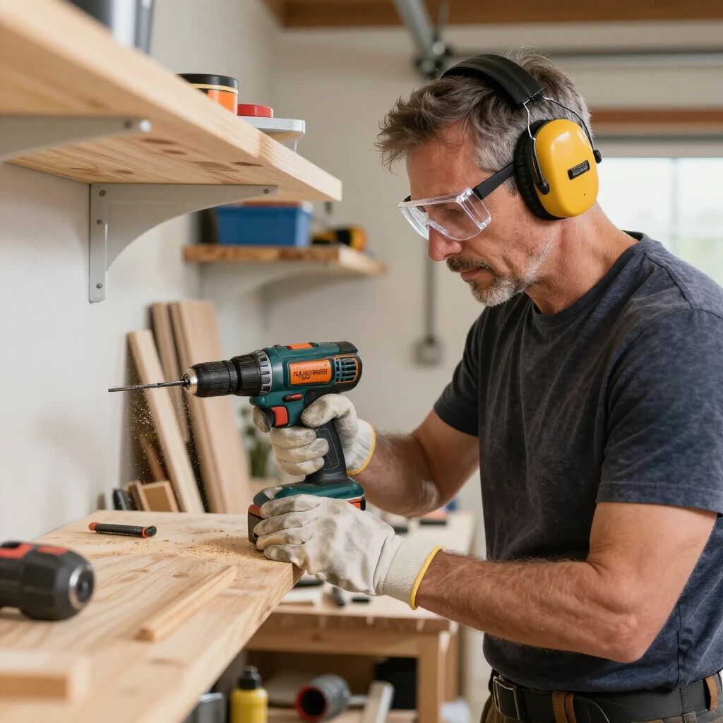 Homeowner practicing tool safety while using a power drill on a woodworking project