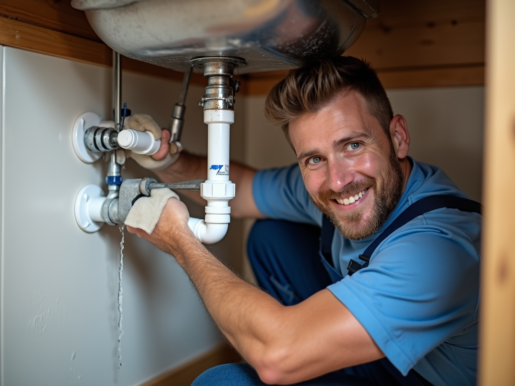 Plumber tightening pipe with a workman tool