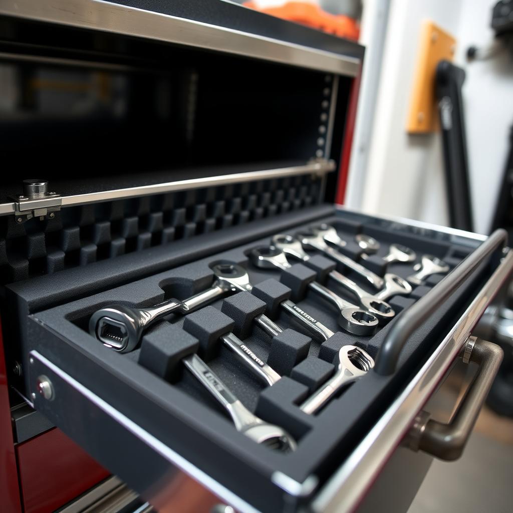 A toolbox drawer with foam inserts organizing a set of chrome combination wrenches