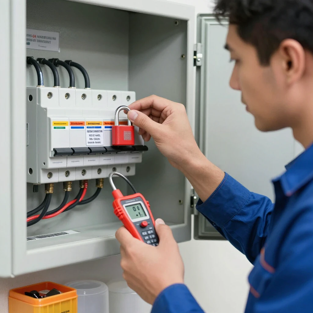Electrician correctly applying lockout/tagout procedures on electrical panel