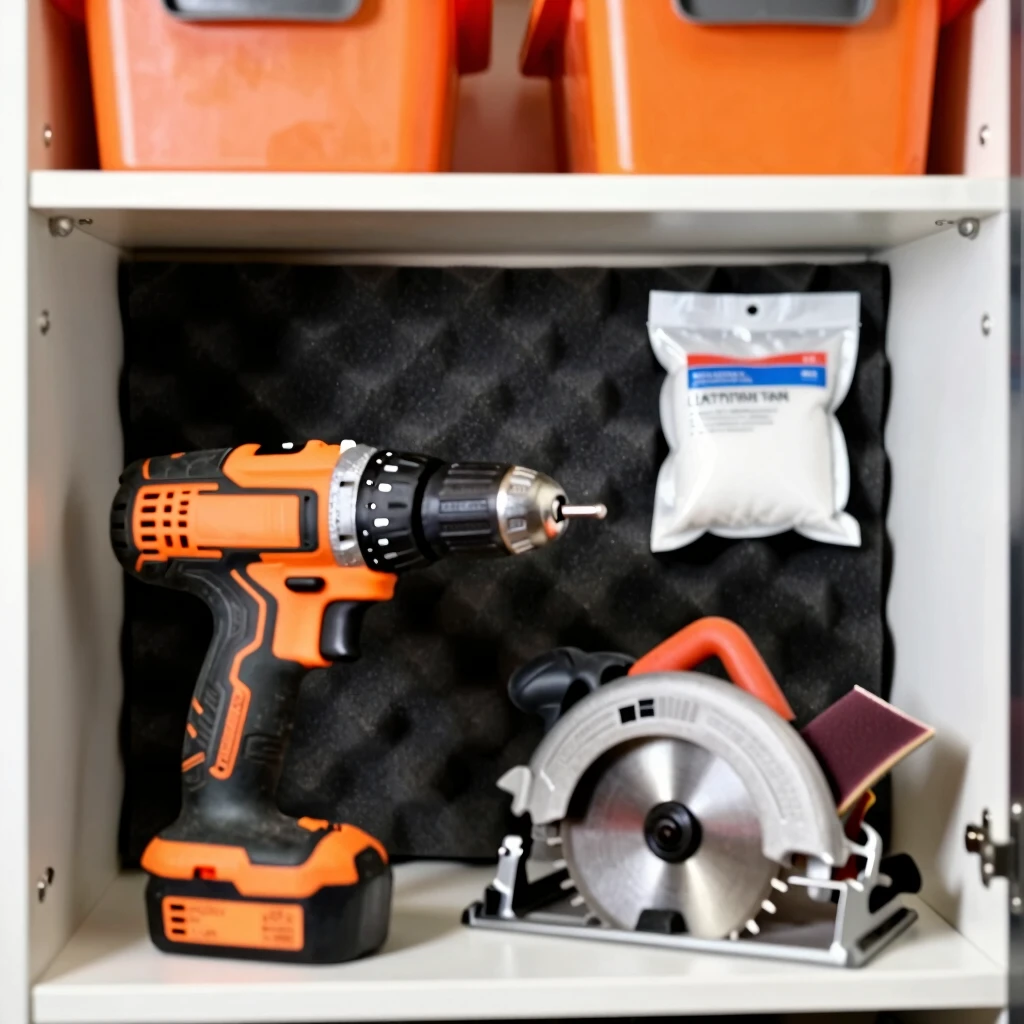 Power tools neatly stored in a cabinet with protective cases and silica gel