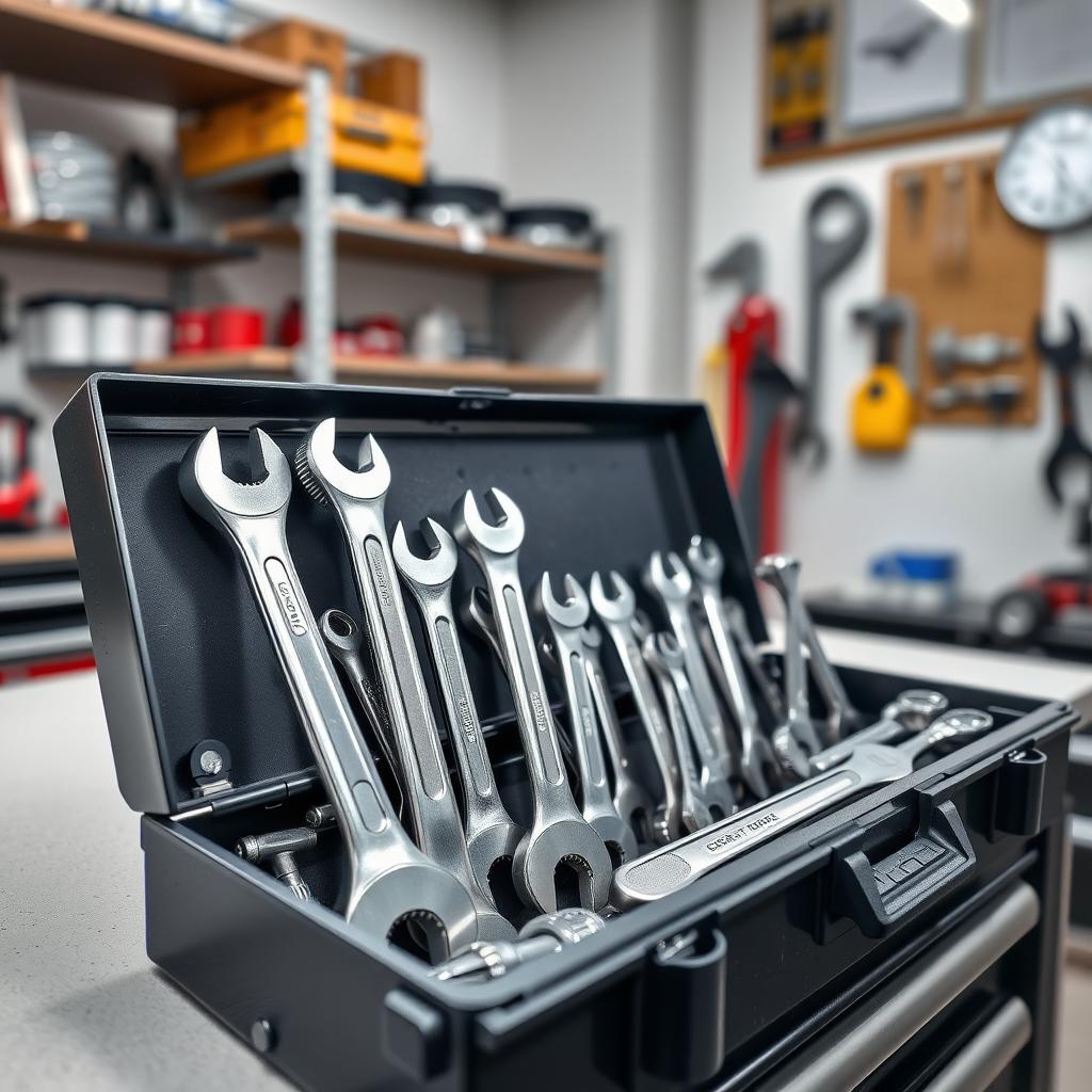 Organized toolbox with various wrenches on a workbench in a well-lit garage