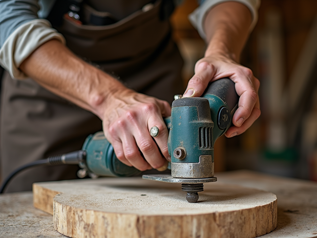 A craftsman using a power tool in a workshop.
