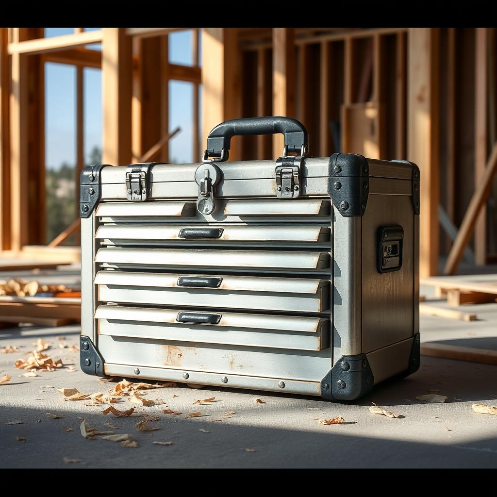 A sturdy, lockable metal toolbox with drawers on a construction site, surrounded by wood shavings and a concrete floor, with a wooden frame in the background.