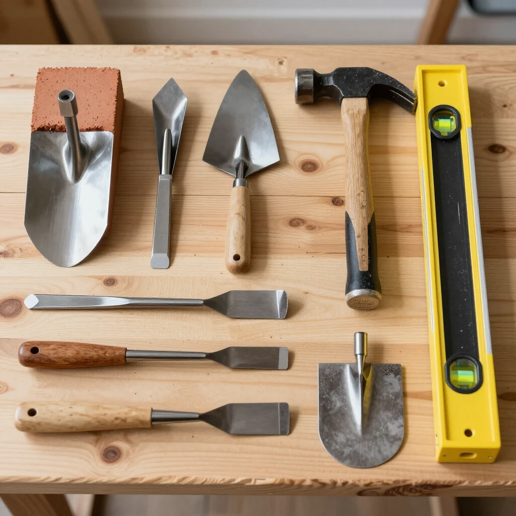 Collection of essential masonry tools on a workbench