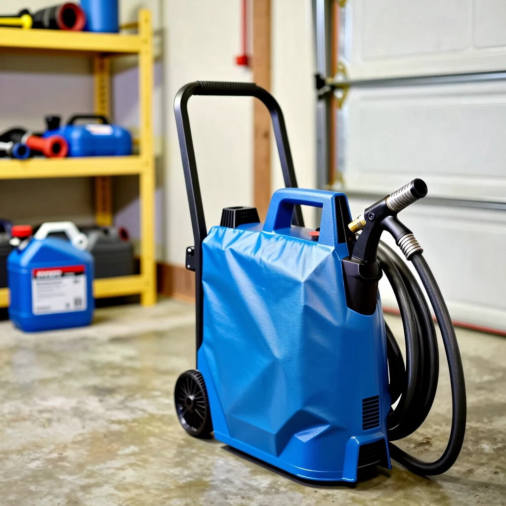 Pressure washer properly stored in a garage for winter protection