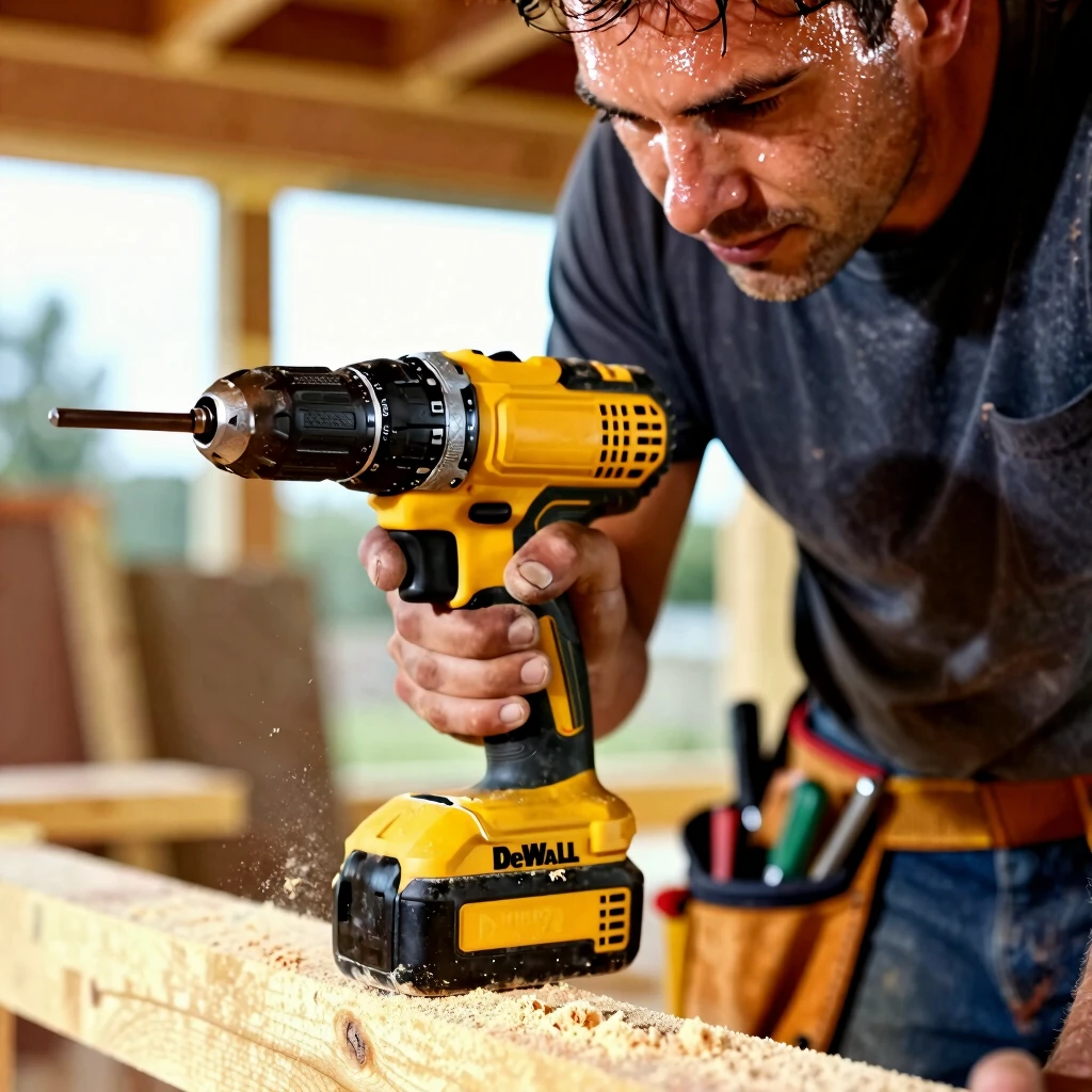 Carpenter using DeWalt drill on a construction job site