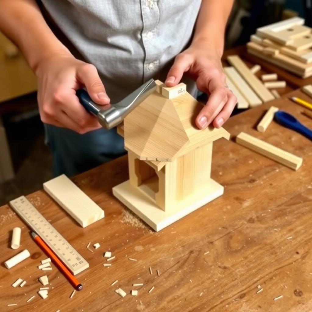 A beginner woodworker crafting a small project with attention to detail.
