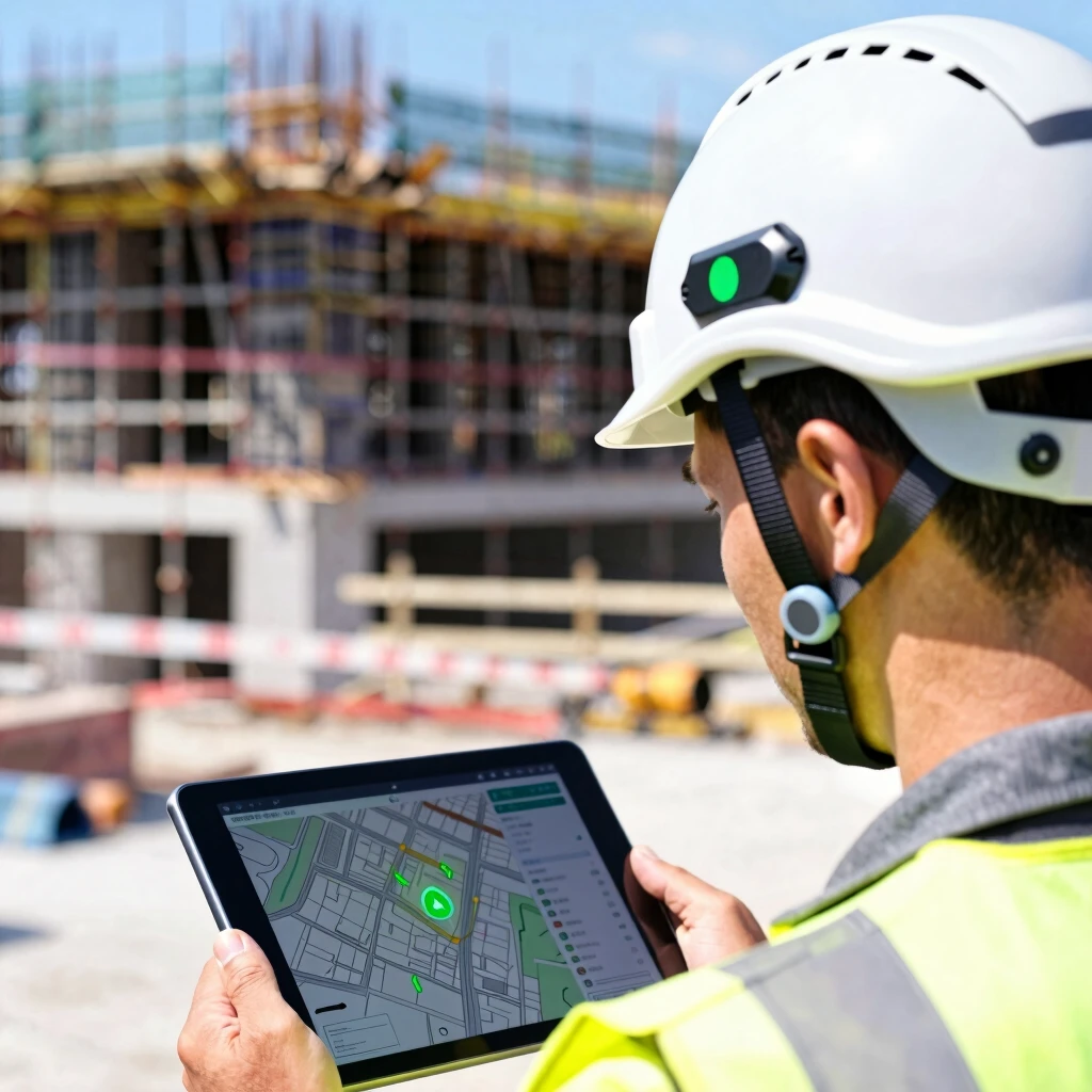 Construction worker in smart IoT helmet checking site data
