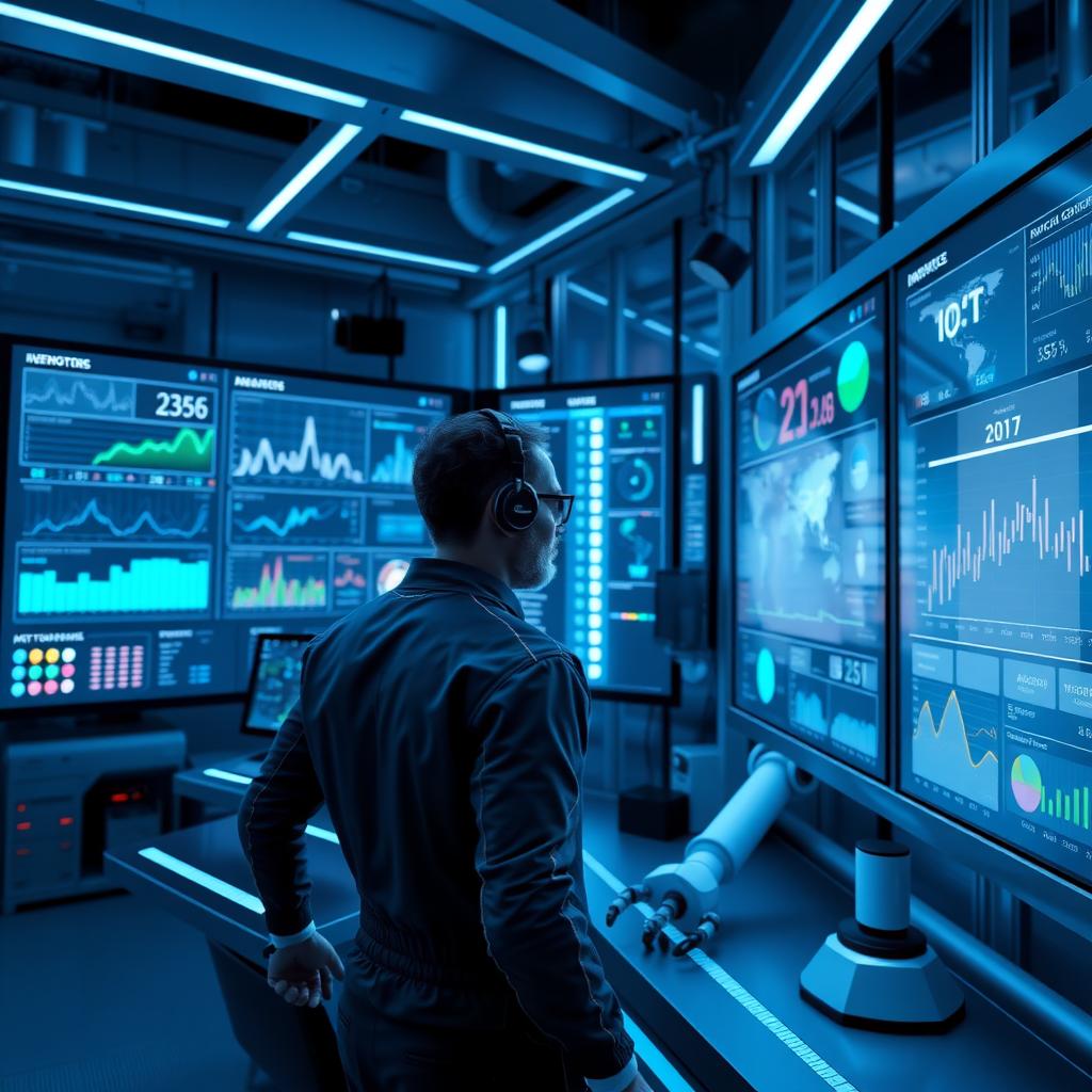 Futuristic smart factory control room with digital screens and a cobot.