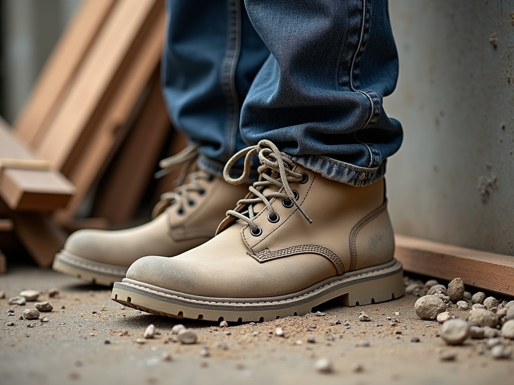 Dusty steel-toe boots on job site
