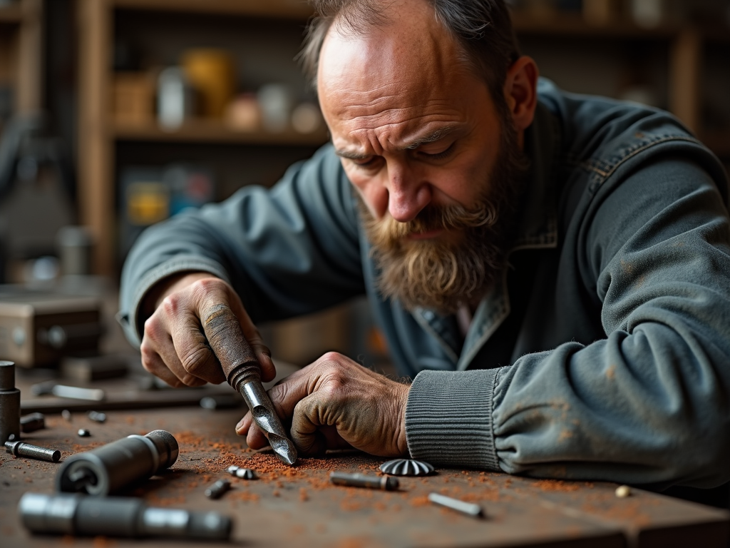 Inspecting a rusty drill bit.
