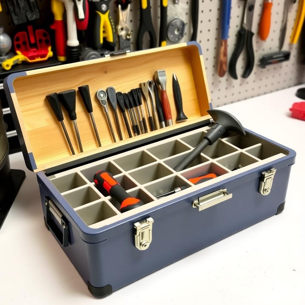 Organized toolbox with screwdrivers, hammer, and cutting tools on a workbench.