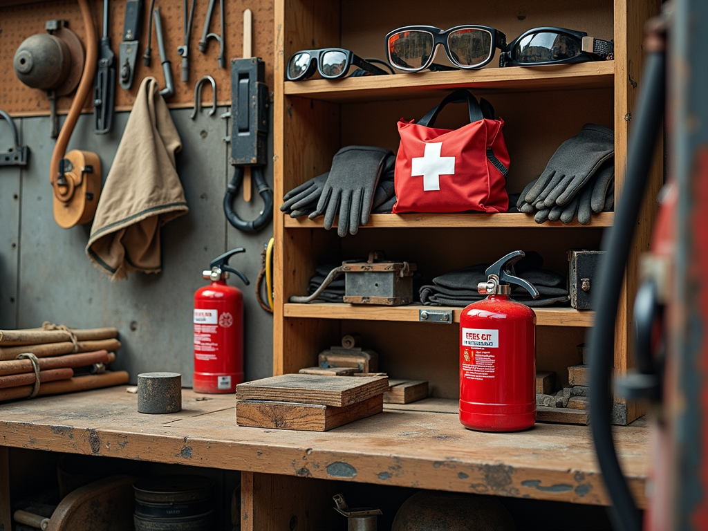 Safety gear and first-aid kit in a workshop