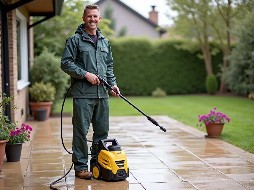 Person with a power washer on a clean patio