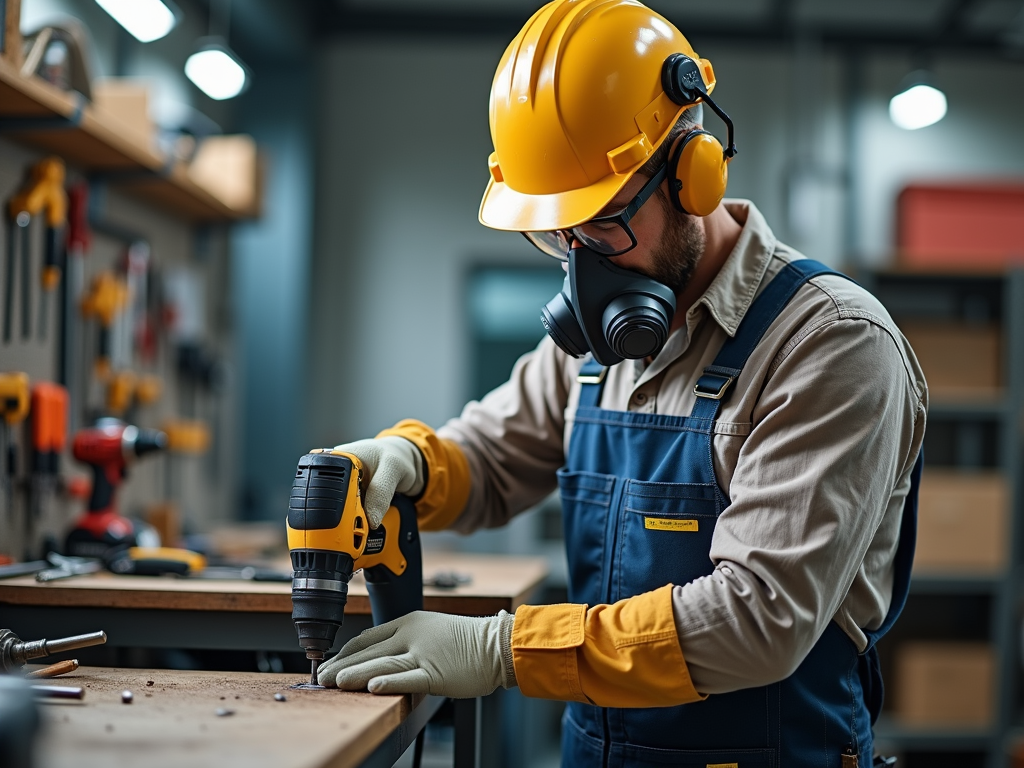 Worker in full PPE drilling in a workshop