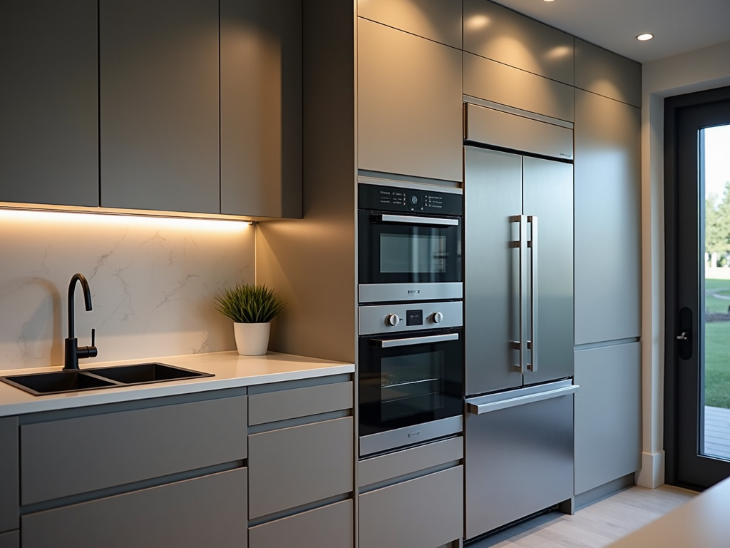 Futuristic smart kitchen with integrated technology.
