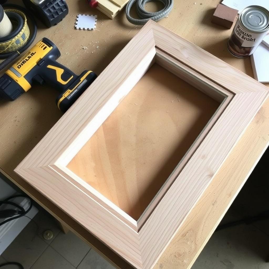 Finished wooden picture frame on a workbench with power drill and wood stain.